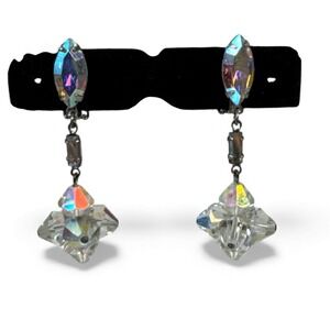 Vtg Lewis Segal California Aurora Borealis Rhinestone Dangling Clip-on Earrings